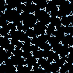 Line Tombstone with cross icon isolated seamless pattern on black background. Grave icon. Vector.