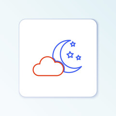 Line Cloud with moon and stars icon isolated on white background. Cloudy night sign. Sleep dreams symbol. Night or bed time sign. Colorful outline concept. Vector.