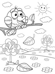 Funny bird sitting on a branch coloring book for children