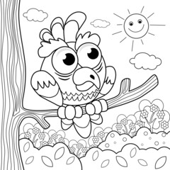 Funny parrot on a branch coloring book for children