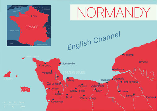 Normandy of France detailed editable map with cities and towns, geographic sites. Vector EPS-10 file