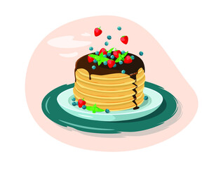 Delicious pancakes with berries. Strawberries, blueberries, mint, chocolate. Delicious breakfast