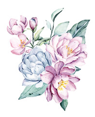 Flowers peonies, watercolor drawing, floral bouquet with blue and pink flowers. Perfectly for print on greeting card, wedding invitation, poster. Composition isolated on white.