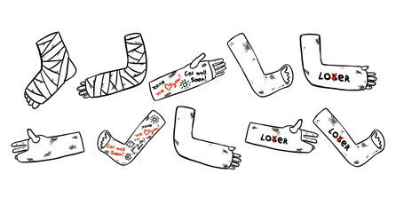 Set of broken legs, arms and hands cast doodles with funny writings from friends. Collection of injured limbs in gypsum plasters. Get well soon wishes. Media glyph graphic symbols