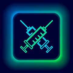 Glowing neon line Crossed syringe icon isolated on black background. Syringe for vaccine, vaccination, injection, flu shot. Medical equipment. Colorful outline concept. Vector.