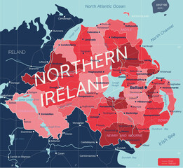 Fototapeta na wymiar Nothern Ireland country detailed editable map with regions cities and towns, roads and railways, geographic sites. Vector EPS-10 file