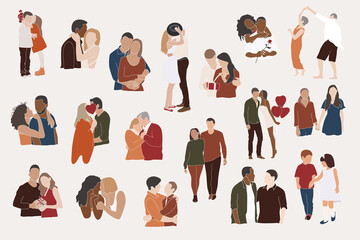 Couples Set Vector illustrations. Diverse interracial couples, lesbian couple, gay couple, elderly couple
