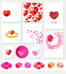 Set with different templates with gems, hearts and gift boxes. Cards for your modern design and advertisement