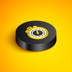 Isometric line Time management icon isolated on yellow background. Clock and gear sign. Productivity symbol. Black circle button. Vector.