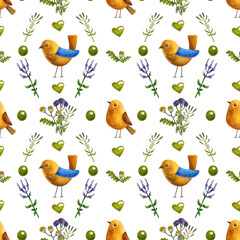 Watercolor seamless pattern with herbs of tansy, sage, oregano, wormwood and birds. White background with green beads and hearts. Pattern for fabrics, wrapping paper, wallpaper, scrapbooking.