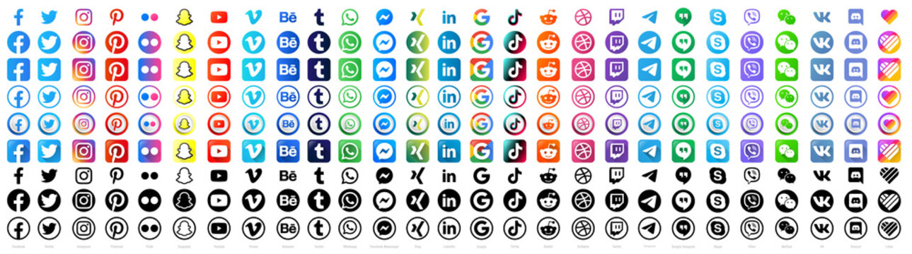Recke, Germany - January 22, 2021: Social media icons vector set collection. Facebook, Twitter, Instagram, Tiktok, Whatsapp, Pinterest, Youtube, Xing, Google, Telegram, Discord, Linkedin. Vector