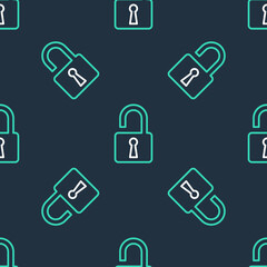 Line Open padlock icon isolated seamless pattern on black background. Opened lock sign. Cyber security concept. Digital data protection. Safety safety. Vector.