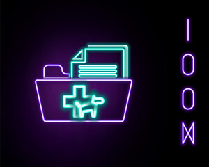 Obraz premium Glowing neon line Medical veterinary record folder icon isolated on black background. Dog or cat paw print. Document for pet. Patient file icon. Colorful outline concept. Vector.