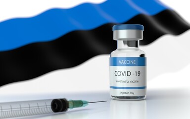 COVID 19 Vaccine approved and launched in Estonia. Corona Virus SARS CoV 2, 2021 nCoV vaccine delivery. Estonia flag on background and vaccine bottle. 3D illustration 