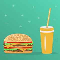 Hamburger and drink. Burger with cheese and meat on a blue gradient background. Fast food concept. Vector isolated image.