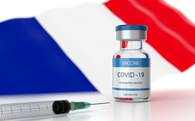 COVID 19 Vaccine approved and launched in France. Corona Virus SARS CoV 2, 2021 nCoV vaccine delivery. France flag on background and vaccine bottle. 3D illustration 