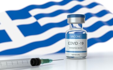 COVID 19 Vaccine approved and launched in Greece. Corona Virus SARS CoV 2, 2021 nCoV vaccine delivery. Greece flag on background and vaccine bottle. 3D illustration 