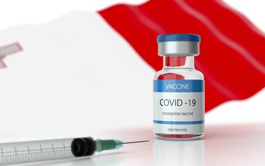 COVID 19 Vaccine approved and launched in Malta. Corona Virus SARS CoV 2, 2021 nCoV vaccine delivery. Malta flag on background and vaccine bottle. 3D illustration 