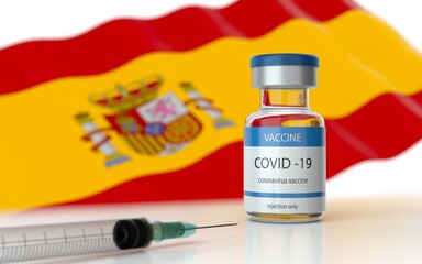 COVID 19 Vaccine approved and launched in Spain. Corona Virus SARS CoV 2, 2021 nCoV vaccine delivery. Spain flag on background and vaccine bottle. 3D illustration 
