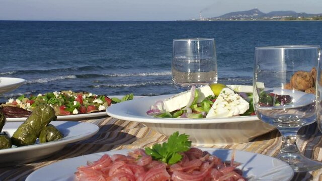 Rhodes Greece : traditional local food served  by the sea side on the island of Rhodes  