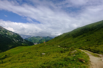 Fototapeta na wymiar hiking trail in a green mountain landscape while hiking