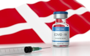 COVID 19 Vaccine approved and launched in Denmark. Corona Virus SARS CoV 2, 2021 nCoV vaccine delivery. Denmark flag on background and vaccine bottle. 3D illustration 