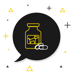 Line Dog medicine bottle and pills icon isolated on white background. Container with pills. Prescription medicine for animal. Colorful outline concept. Vector.