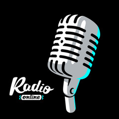 Retro radio microphone on white background logo. Mic silhouette sign. Music, voice, record icon. Recording studio symbol. Flat stye vector illustration