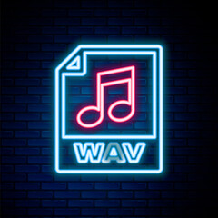 Glowing neon line WAV file document. Download wav button icon isolated on brick wall background. WAV waveform audio file format for digital audio riff files. Colorful outline concept. Vector.