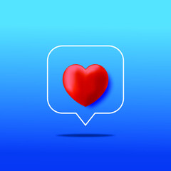 Card or Flyer Valentine realistic red heart Like counter, comment follower and notification symbol vector illustration isolated on blue.