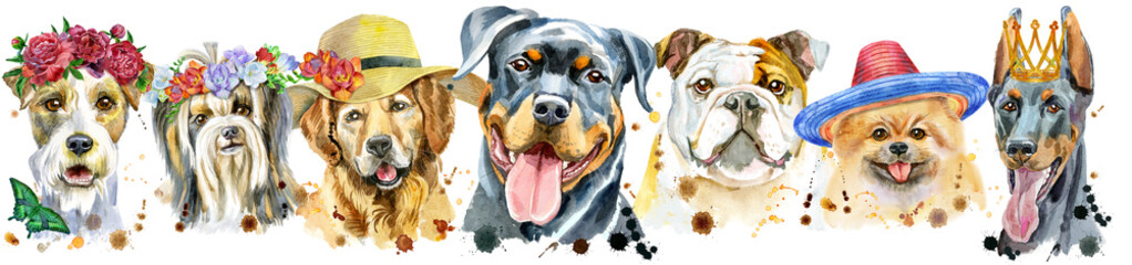 Border from watercolor portraits of dogs for decoration