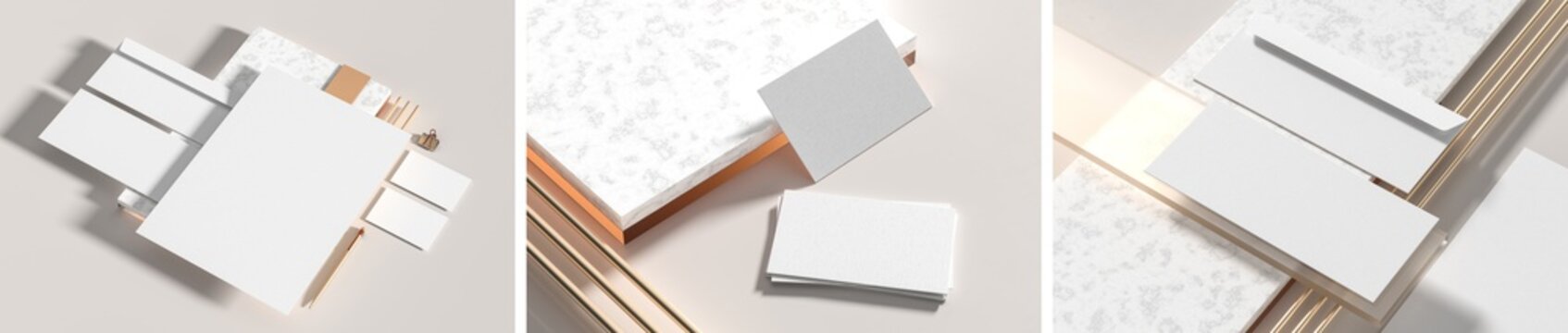 Corporate identity stationery mock up isolated on white marbel background. Mock up for branding identity. 3D illustration