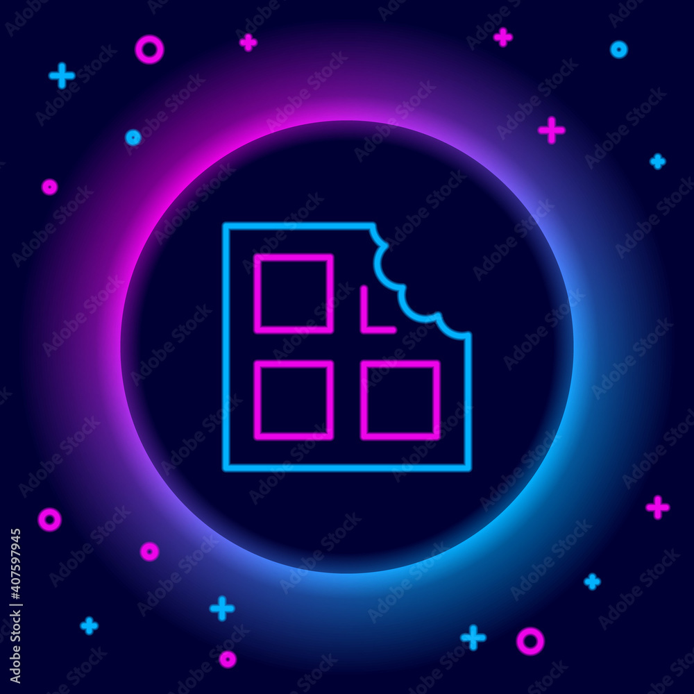 Sticker Glowing neon line Chocolate bar icon isolated on black background. Colorful outline concept. Vector.