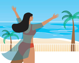 Woman and Happy sea vacation, flat vector stock illustration with Woman in bathing suit at luxury seaside resort