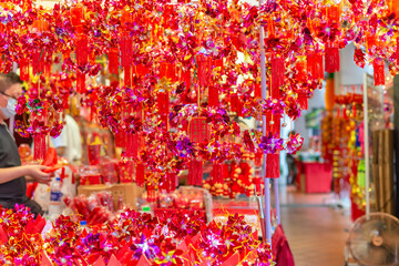 Outdoor Asia Spring Lunar Chinese New Year ornaments decorations. Red is seen as lucky and auspicious by many who believes in traditional customs.