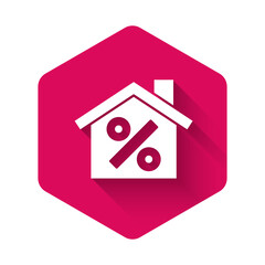White House with percant discount tag icon isolated with long shadow background. Real estate home. Credit percentage symbol. Pink hexagon button. Vector.