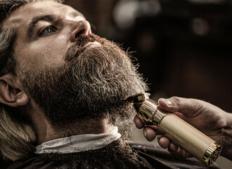 Bearded man in barbershop. Man visiting hairstylist in barbershop. Barber works with a beard...