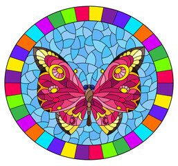 Illustration in stained glass style with a bright pink butterfly on a blue background in a bright frame, oval image