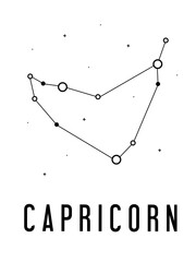 Capricorn Zodiac Constellation signs with title vector illustration. Zodiac horoscope astrology constellation, isolated linear symbols. Vector illustration zodiac in simple cartoon style.