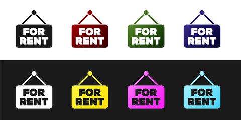 Set Hanging sign with text For Rent icon isolated on black and white background. Signboard with text For Rent. Vector.