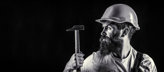 Handyman services. industry, technology, builder man, concept. Bearded man worker with beard,...