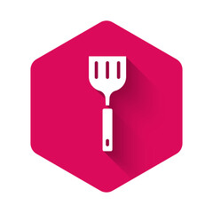 White Spatula icon isolated with long shadow background. Kitchen spatula icon. BBQ spatula sign. Barbecue and grill tool. Pink hexagon button. Vector.