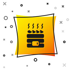 Black Hot sauna stones icon isolated on white background. Spa resort recreation, bathhouse relaxation. Hot stones on electric heater. Yellow square button. Vector.