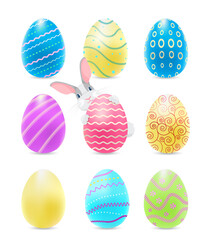 Vector set of colorful Easter eggs with bunny looking out from behind one of them.