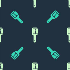 Green and beige Sauna brush icon isolated seamless pattern on blue background. Wooden brush with coarse bristles for washing in the bath. Anti cellulite massage. Vector.