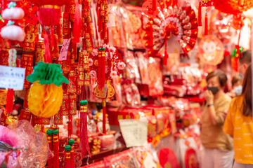 Fototapeta premium Outdoor Asia Spring Lunar Chinese New Year ornaments decorations. Red is seen as lucky and auspicious by many who believes in traditional customs.
