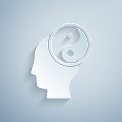 Paper cut Yin Yang symbol of harmony and balance icon isolated on grey background. Paper art style. Vector.