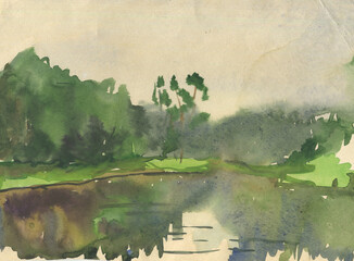watercolor sketch with a lake in summer