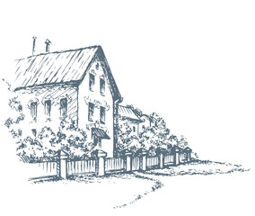 Cozy rural house. Vector sketch