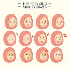Pink Hijab Girl Emoticon Emotions with Various Facial Expression in Different Situations